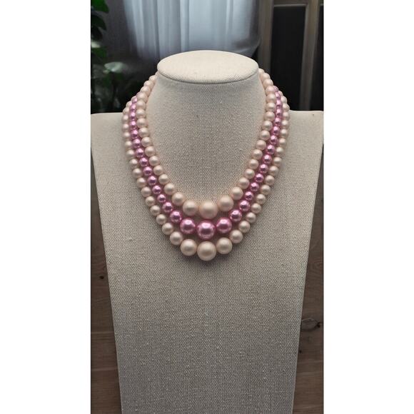 Vintage Mid Century Signed "Japan" Pink Faux Pearl Beaded Multi Strand Necklace - Picture 1 of 6